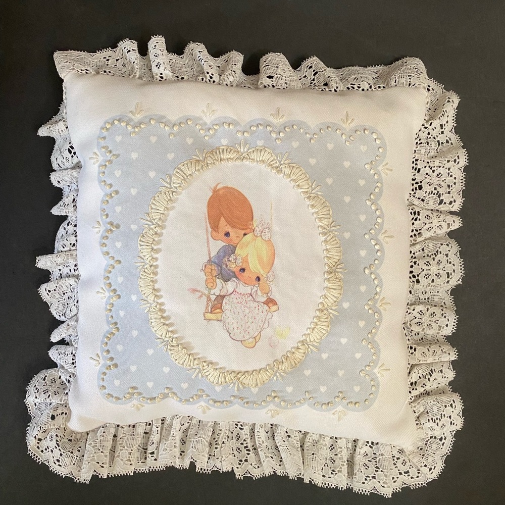 Vintage Decor Pillow Precious Moment Embroidered and lace trim12x 12”